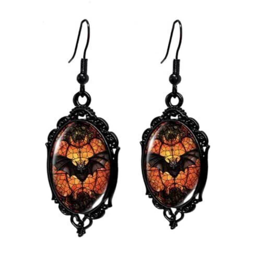 4237 Gothic Halloween Cameo Earrings,Vintage Crystal Glass
